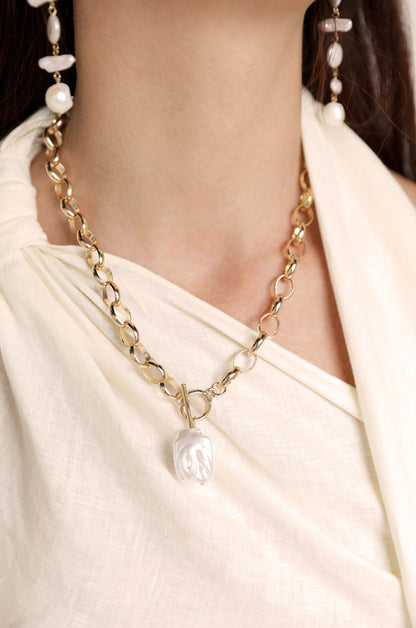 Edge of Water Pearl Pendant & 18kt Gold Plated Necklace on model