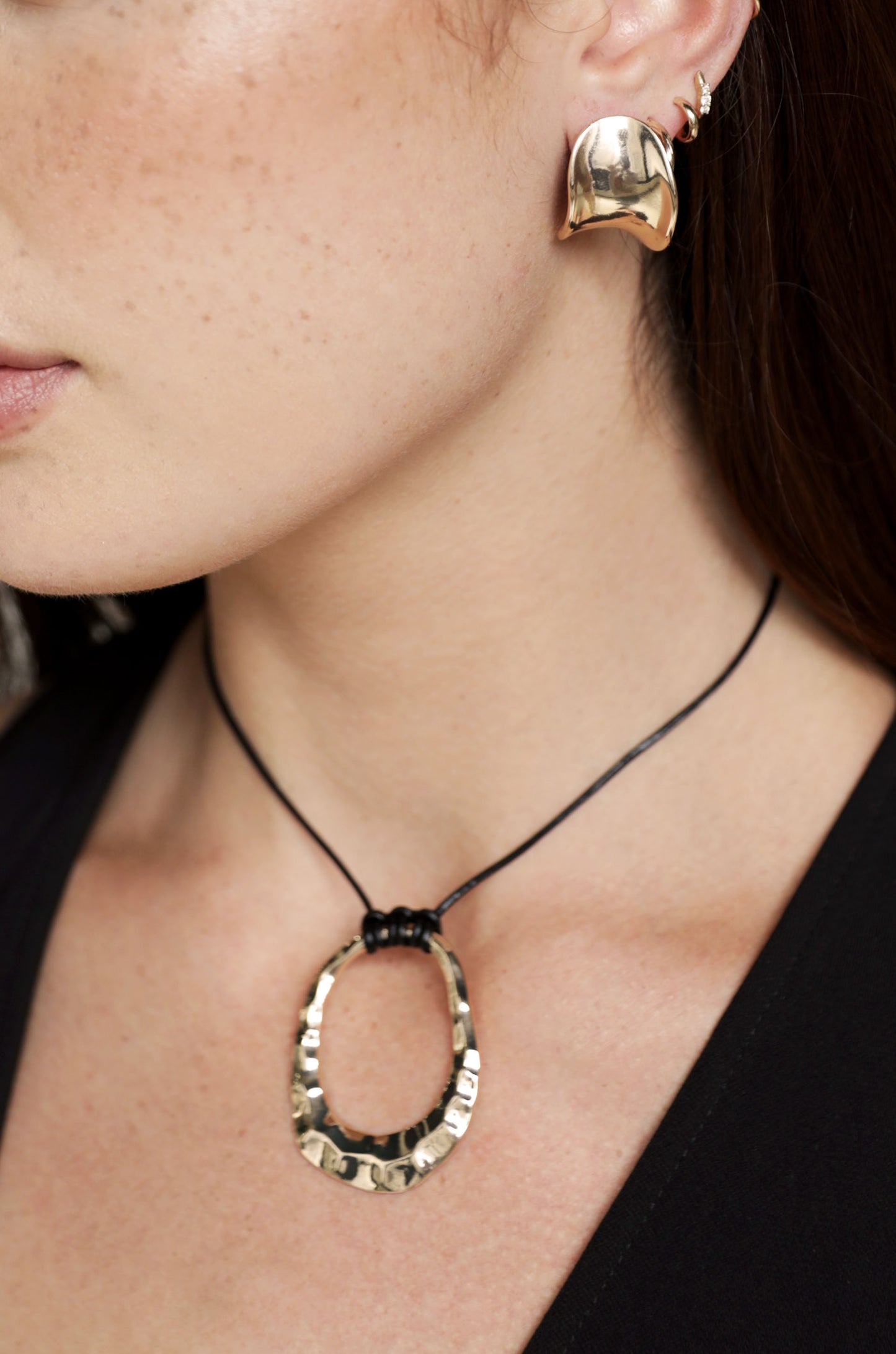 Hammered Golden Loop Pendant 18k Gold Plated Necklace on model