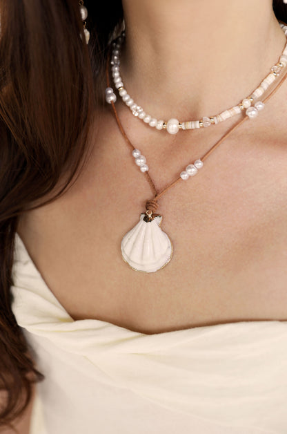 Beach Days Shell Pendant 18k Gold Plated Necklace Set on model