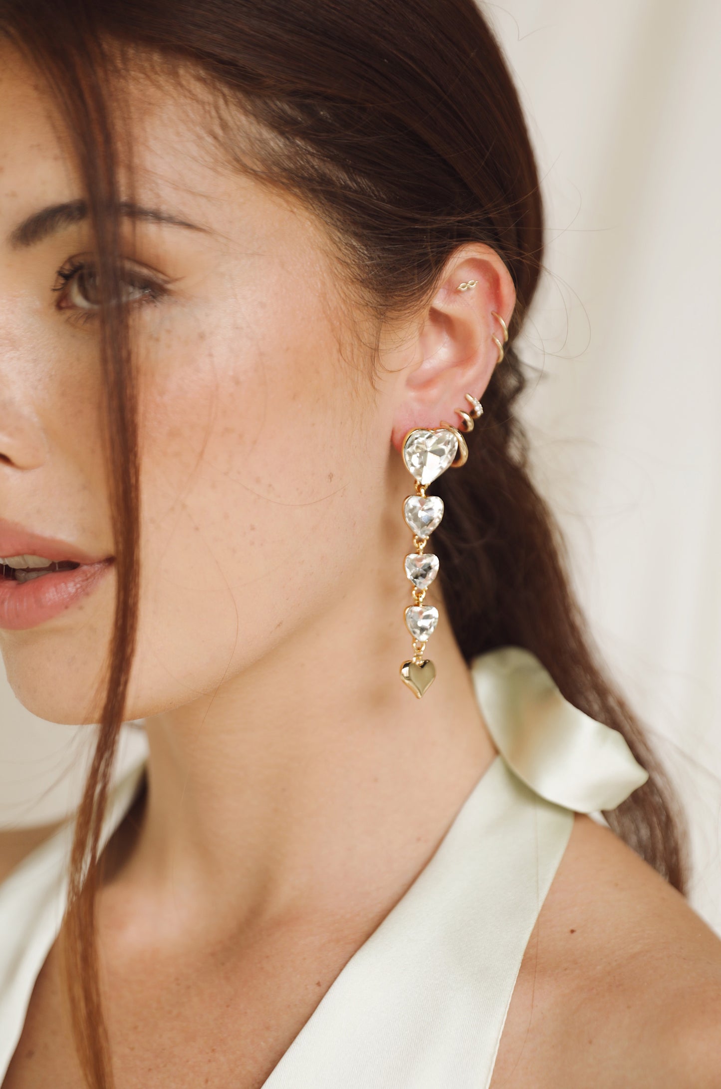 Falling Crystal Love 18k Gold Plated Heart Drop Earrings on model