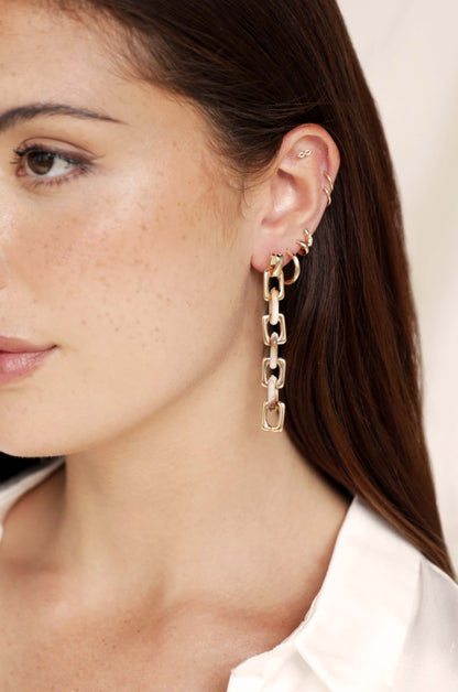 Resin Rectangle and 18k Gold Plated Chain Drop Earrings on a model