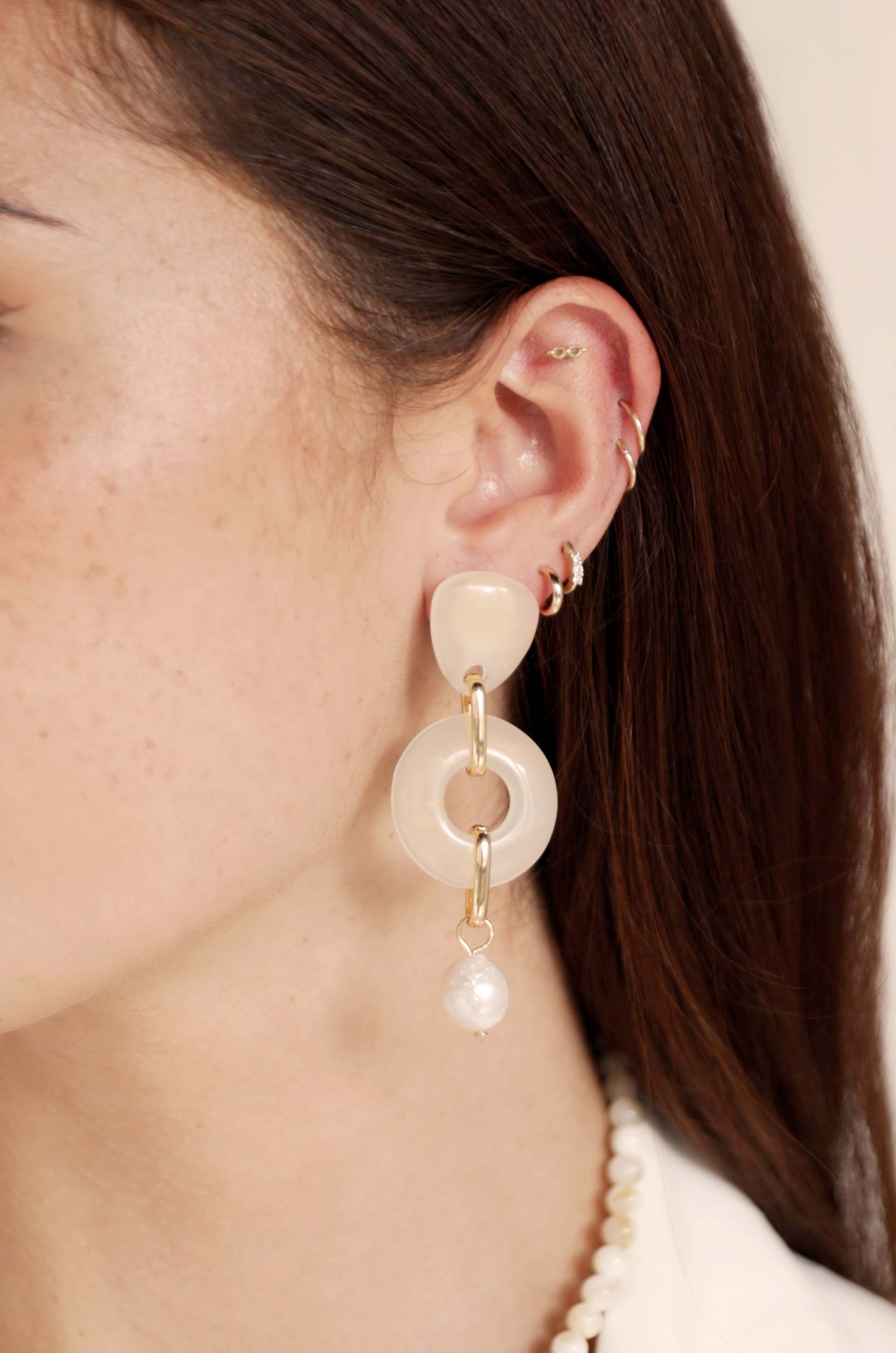 Perfectly Suited Resin and Pearl 18k Gold Plated Dangle Earrings on a model