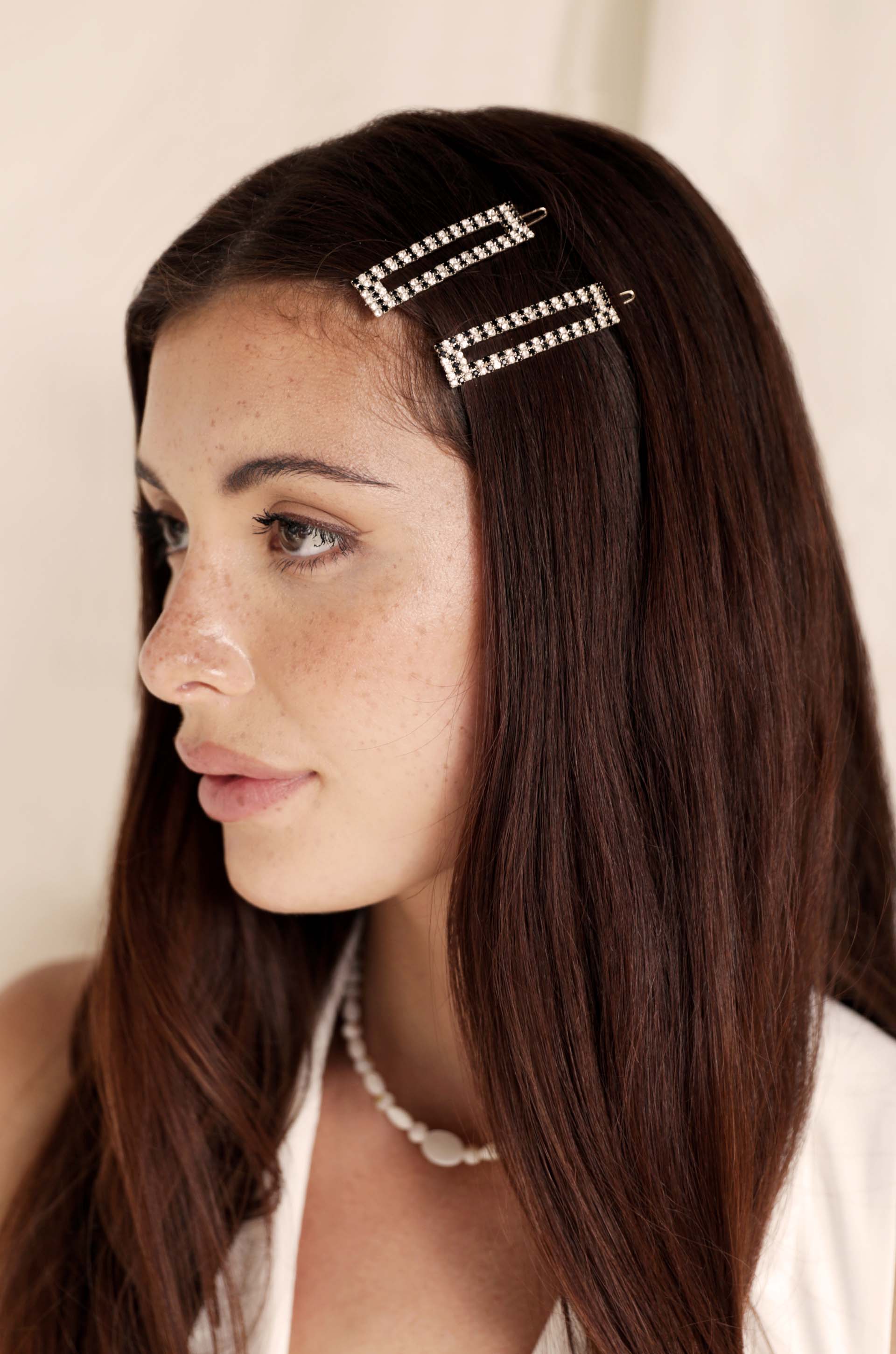 Black & Clear Crystal Rectangle Hair Barrettes on a model