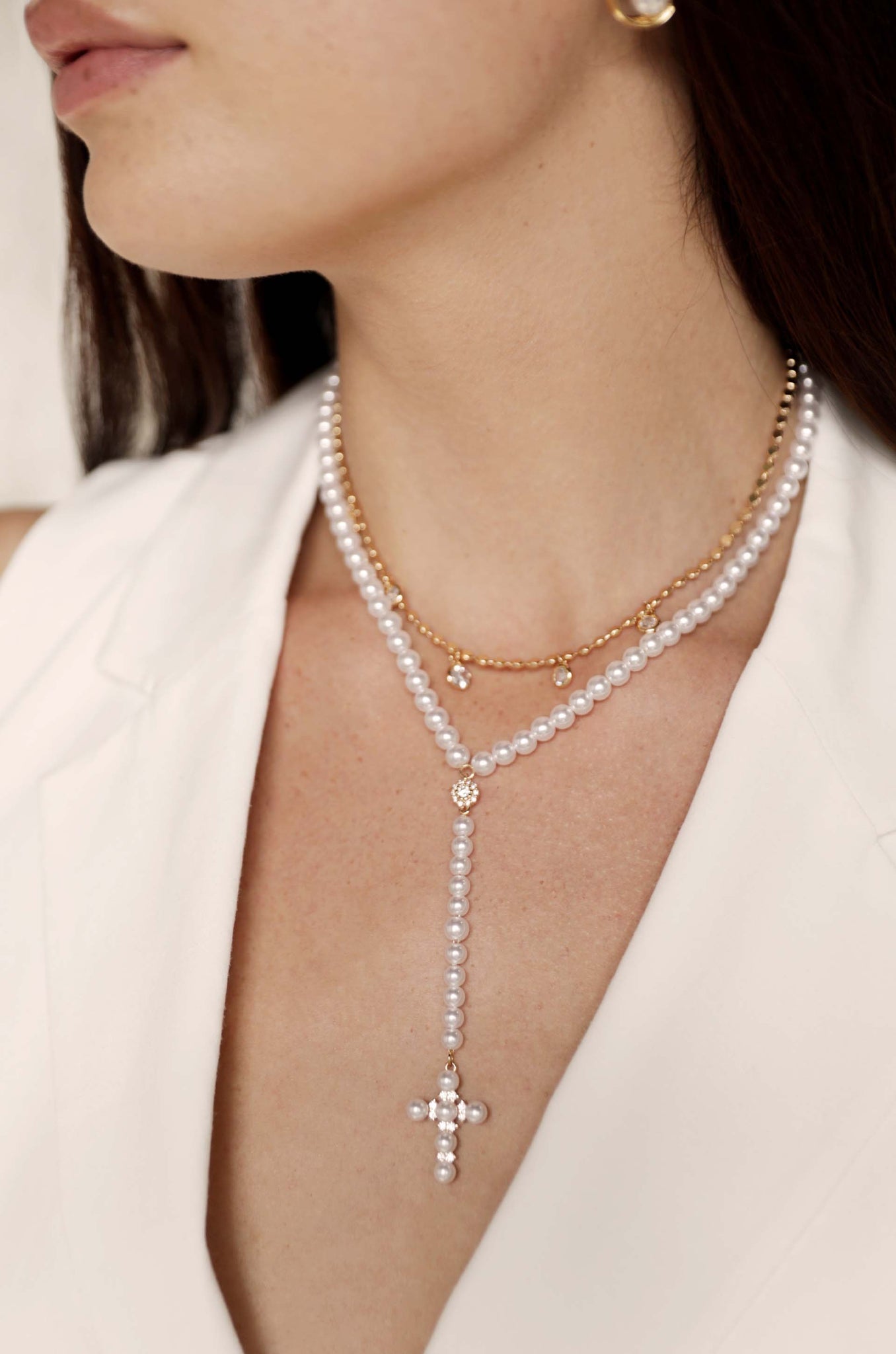 Pearl Cross Drop Lariat 18k Gold Plated Necklace Set on a model