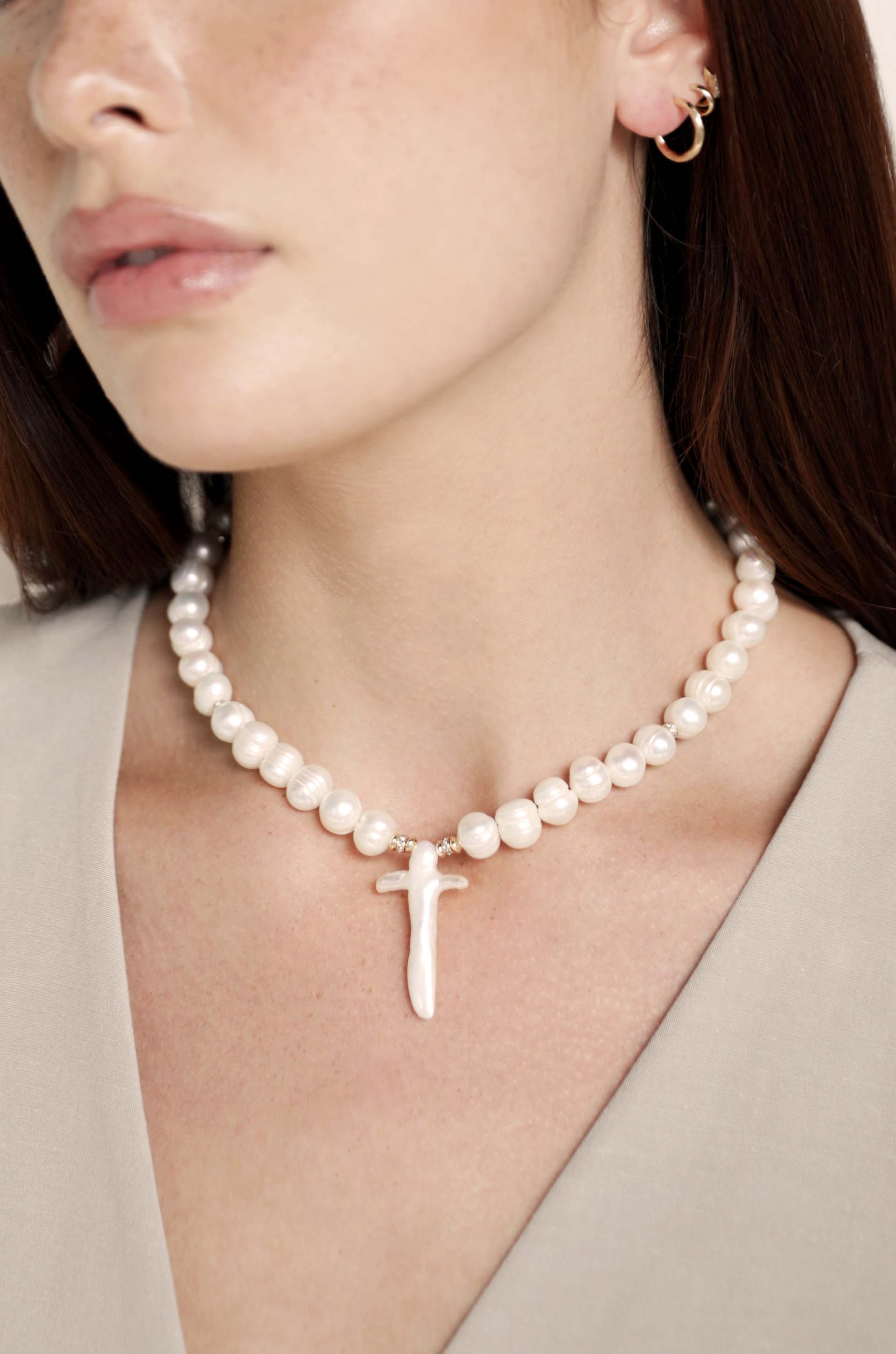 Organic Pearl Cross Necklace on model