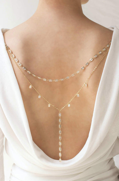 Pure Elegance Crystal Drop Back Necklace on model 2