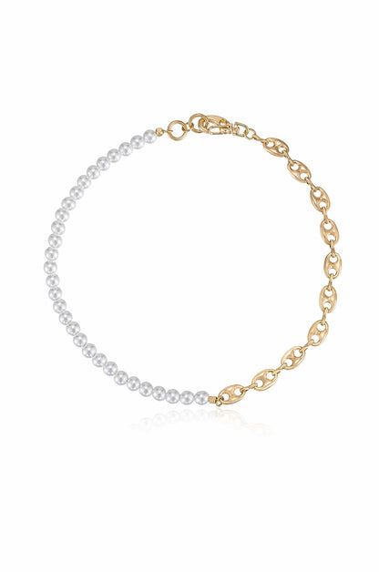 Pearl and 18k Gold Plated Modern Chain Link Collar Necklace on white