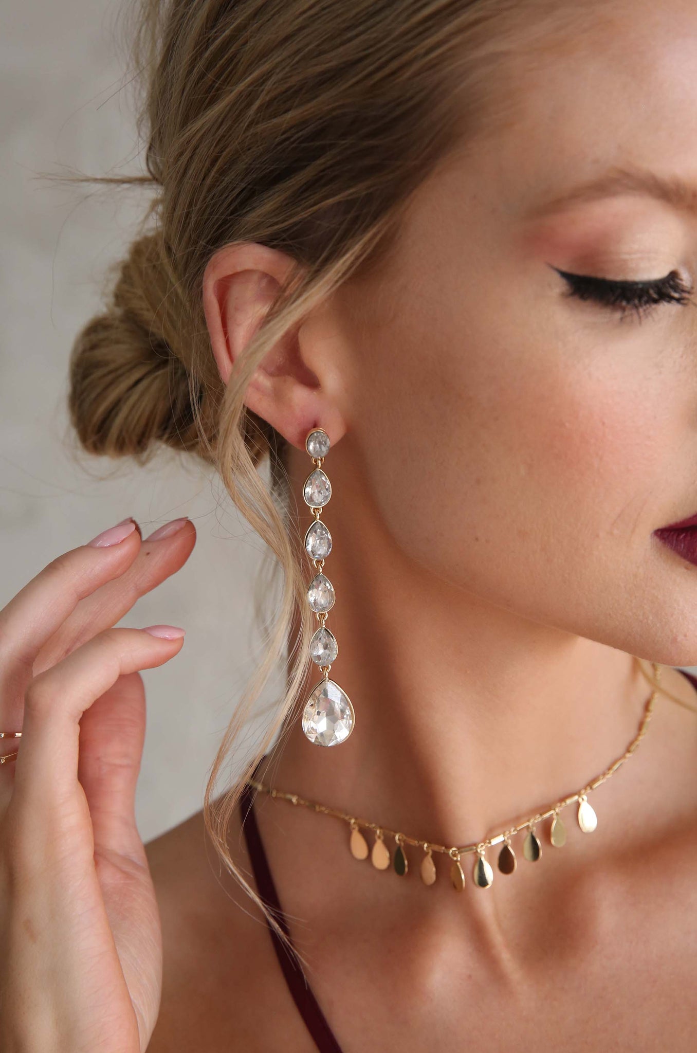 Crystallized Drop 18k Gold Plated Earrings on model 2