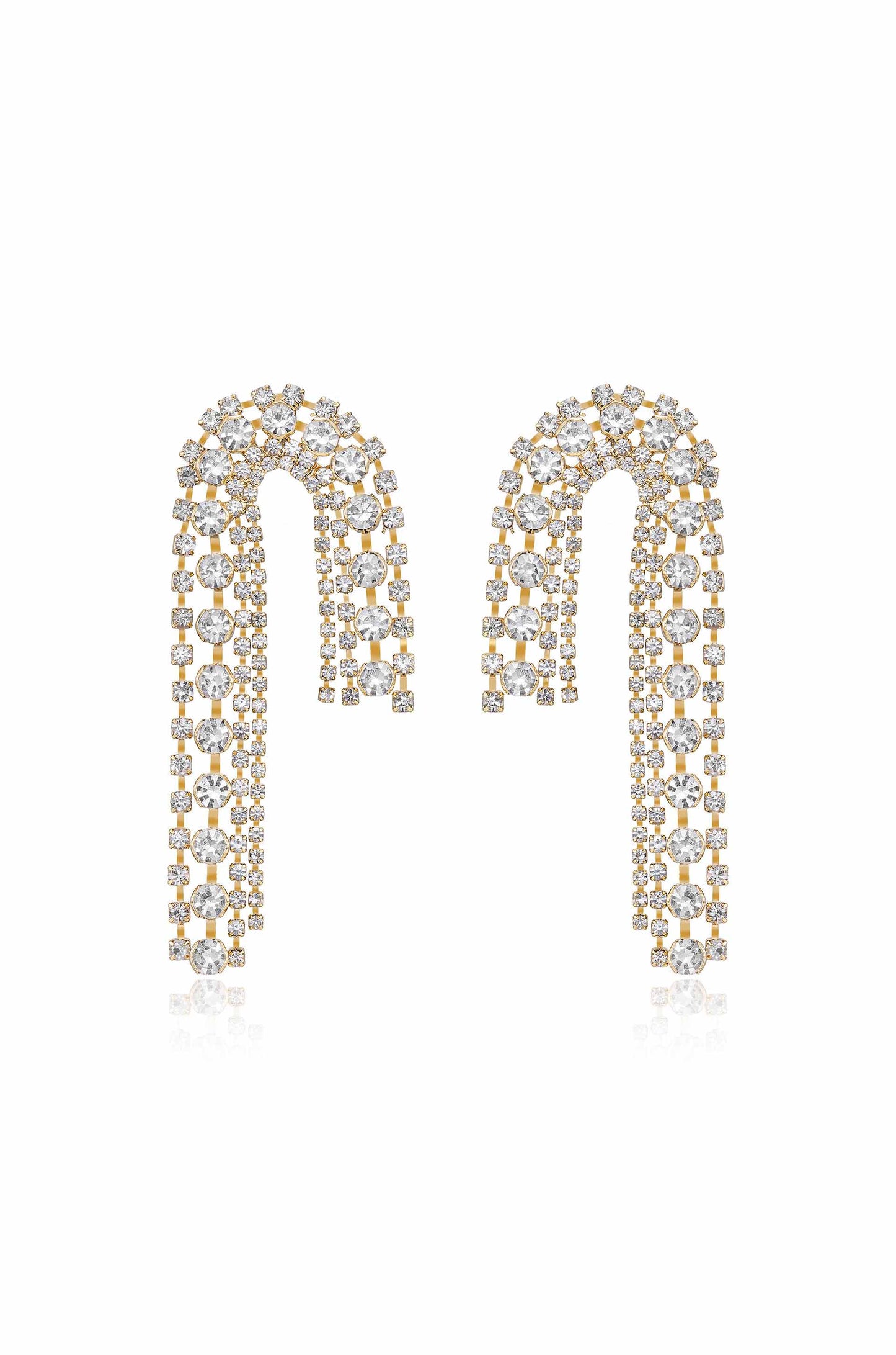 Crystal Arch Chain 18k Gold Plated Statement Earrings on white front