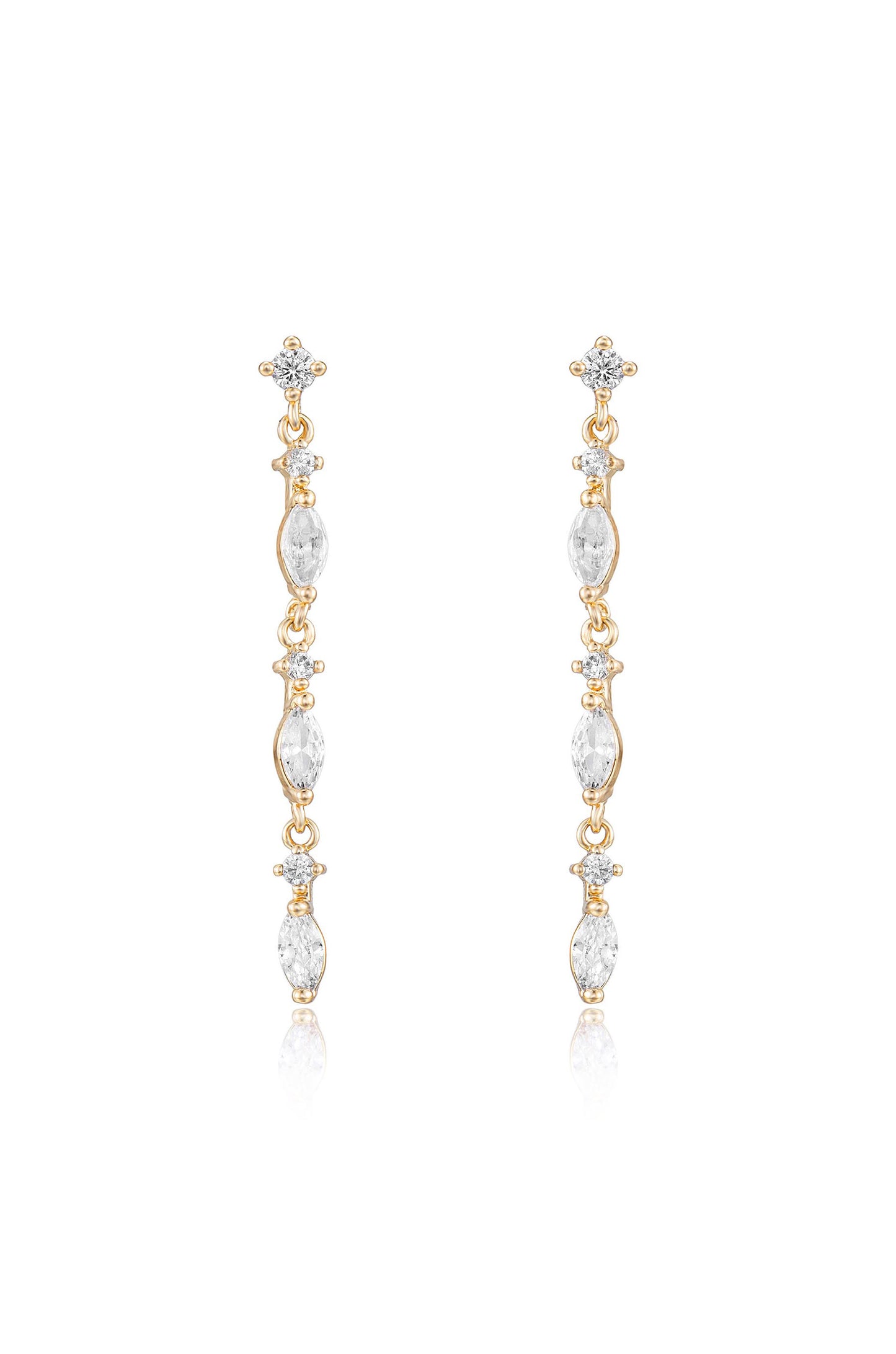 Dainty Linear Crystal Drop 18k Gold Plated Earrings on white