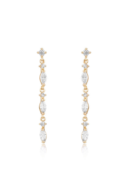 Dainty Linear Crystal Drop 18k Gold Plated Earrings on white