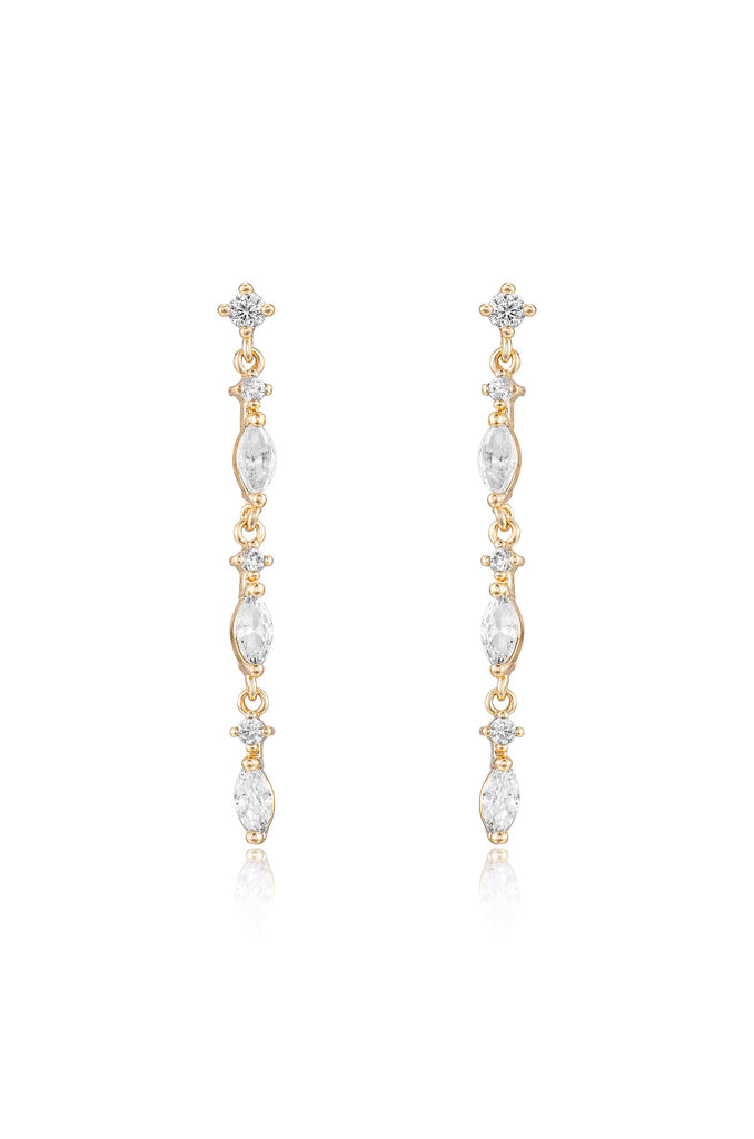 Dainty Linear Crystal Drop 18k Gold Plated Earrings on white