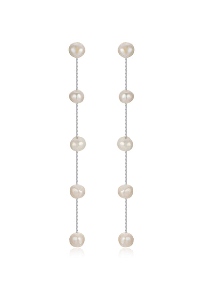 Dripping Pearl Delicate Drop Earrings white pearl rhodium chain front view