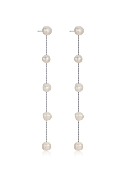 Dripping Pearl Delicate Drop Earrings white pearl rhodium chain side view