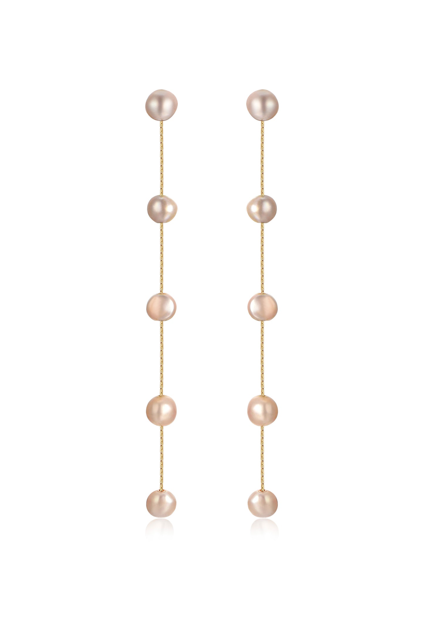 Dripping Pearl Delicate Drop Earrings champagne pearl gold chain front view