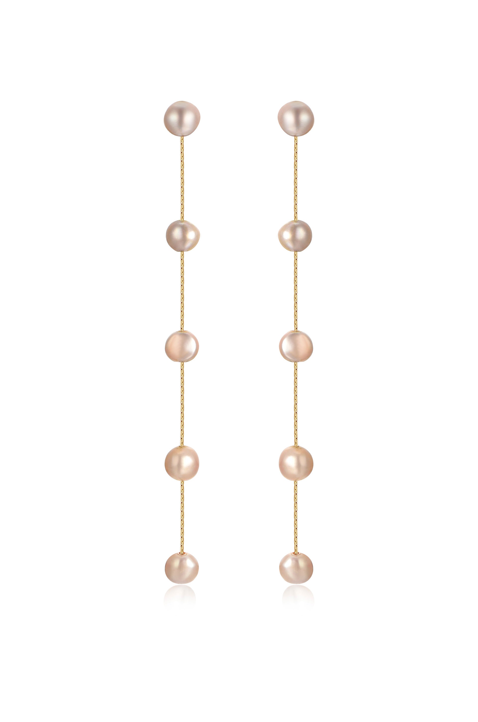 Dripping Pearl Delicate Drop Earrings champagne pearl gold chain front view