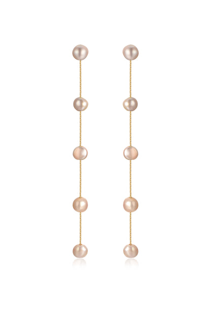 Dripping Pearl Delicate Drop Earrings champagne pearl gold chain front view