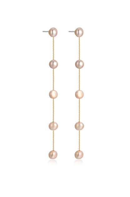 Dripping Pearl Delicate Drop Earrings champagne pearl gold chain side view