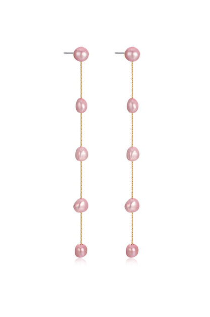 Dripping Pearl Delicate Drop Earrings pink pearl gold chain side view