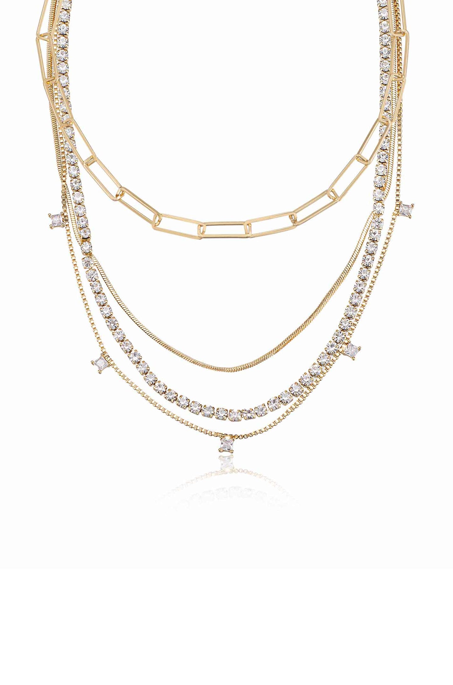 Mixed 18k Gold Plated Chain and Crystal Necklace Set on white close up