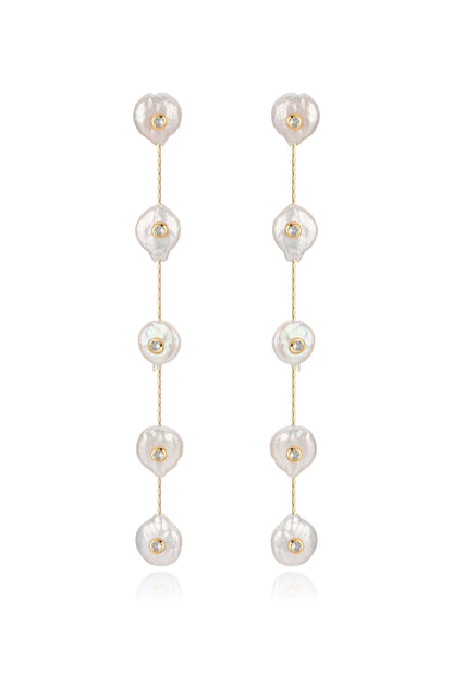 Falling Pearl and Crystal Dotted 18k Gold Plated Drop Earrings on white