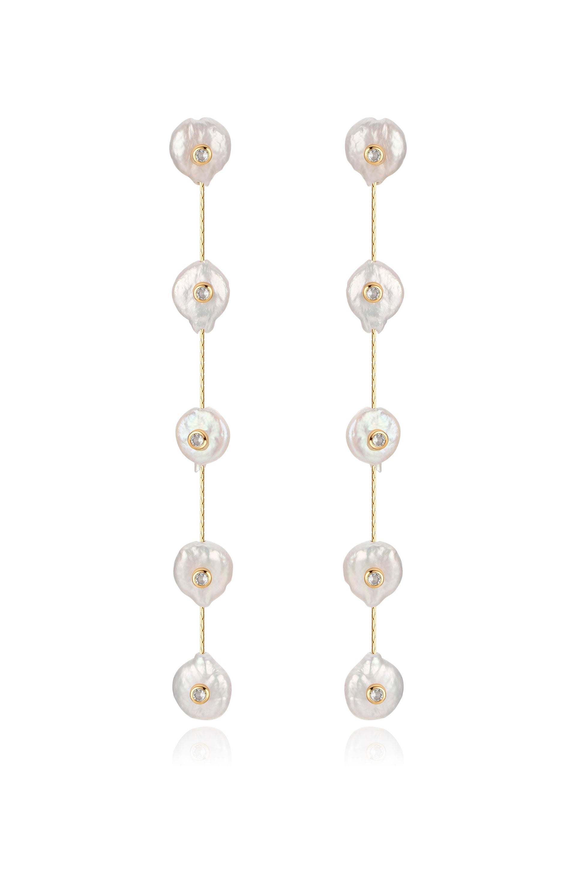 Falling Pearl and Crystal Dotted 18k Gold Plated Drop Earrings on white