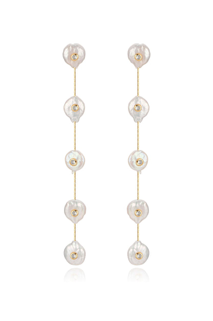 Falling Pearl and Crystal Dotted 18k Gold Plated Drop Earrings on white
