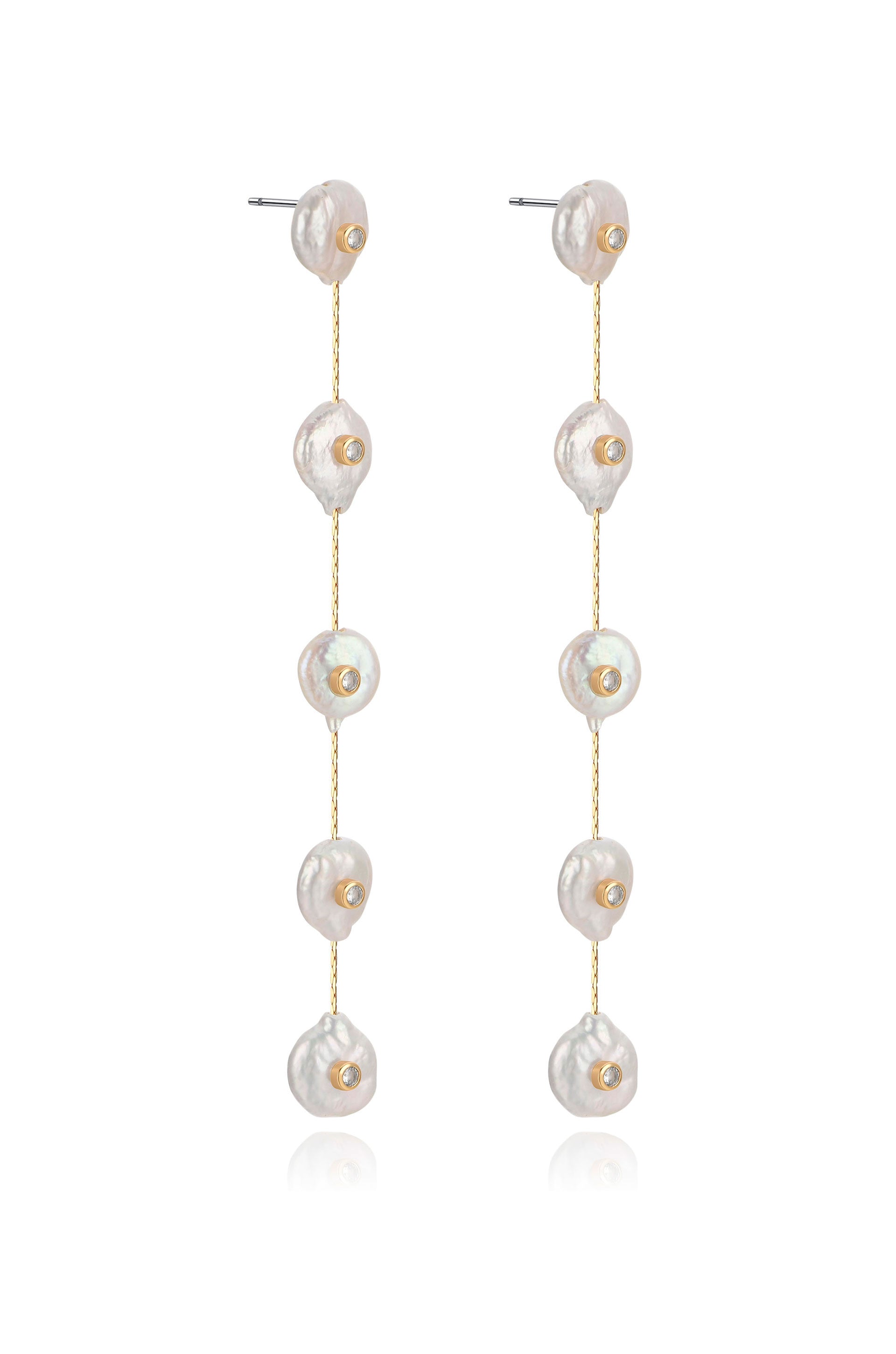 Falling Pearl and Crystal Dotted 18k Gold Plated Drop Earrings on white side view