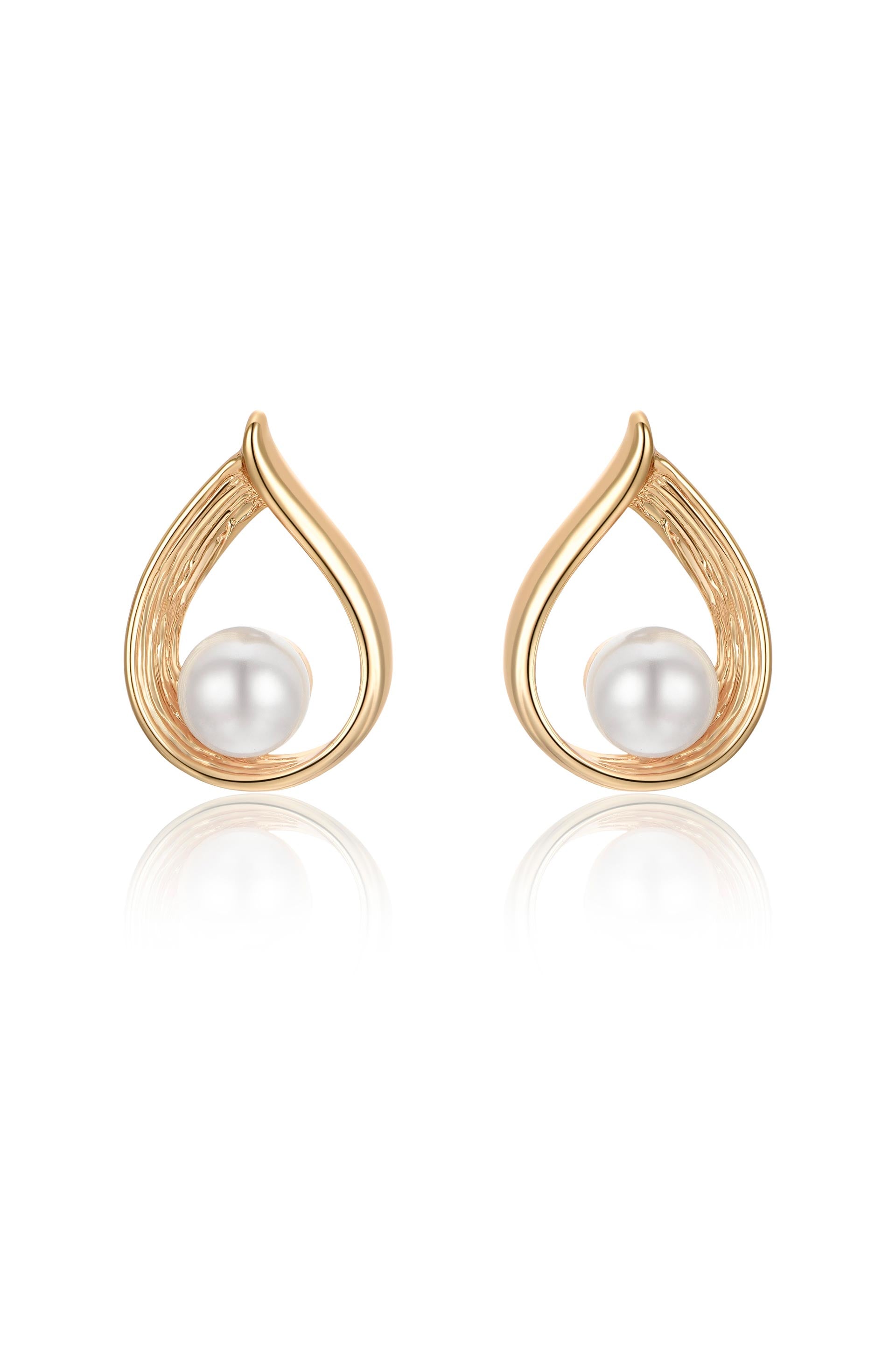 Golden Teardrop and Pearl 18k Gold Plated Earrings on white