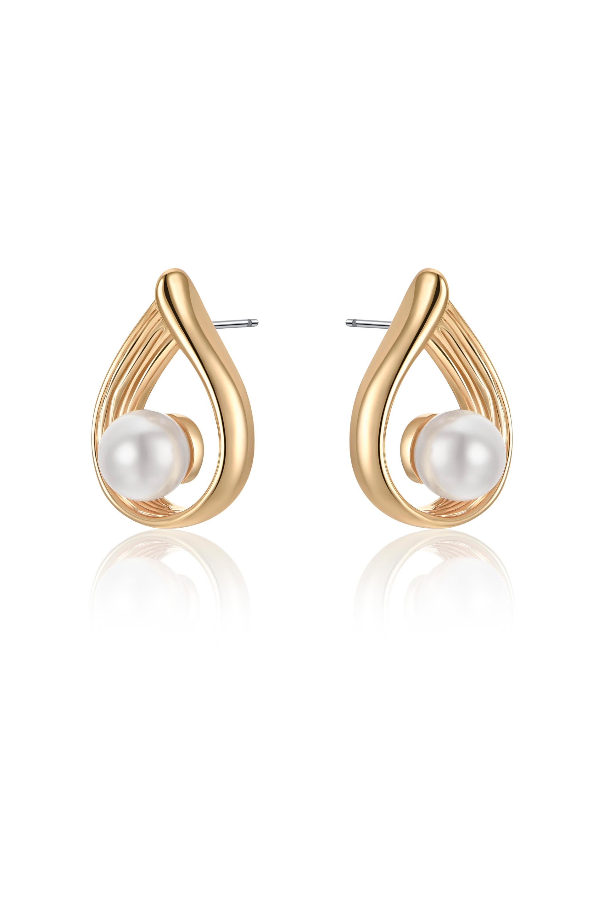 Golden Teardrop and Pearl 18k Gold Plated Earrings on white side view