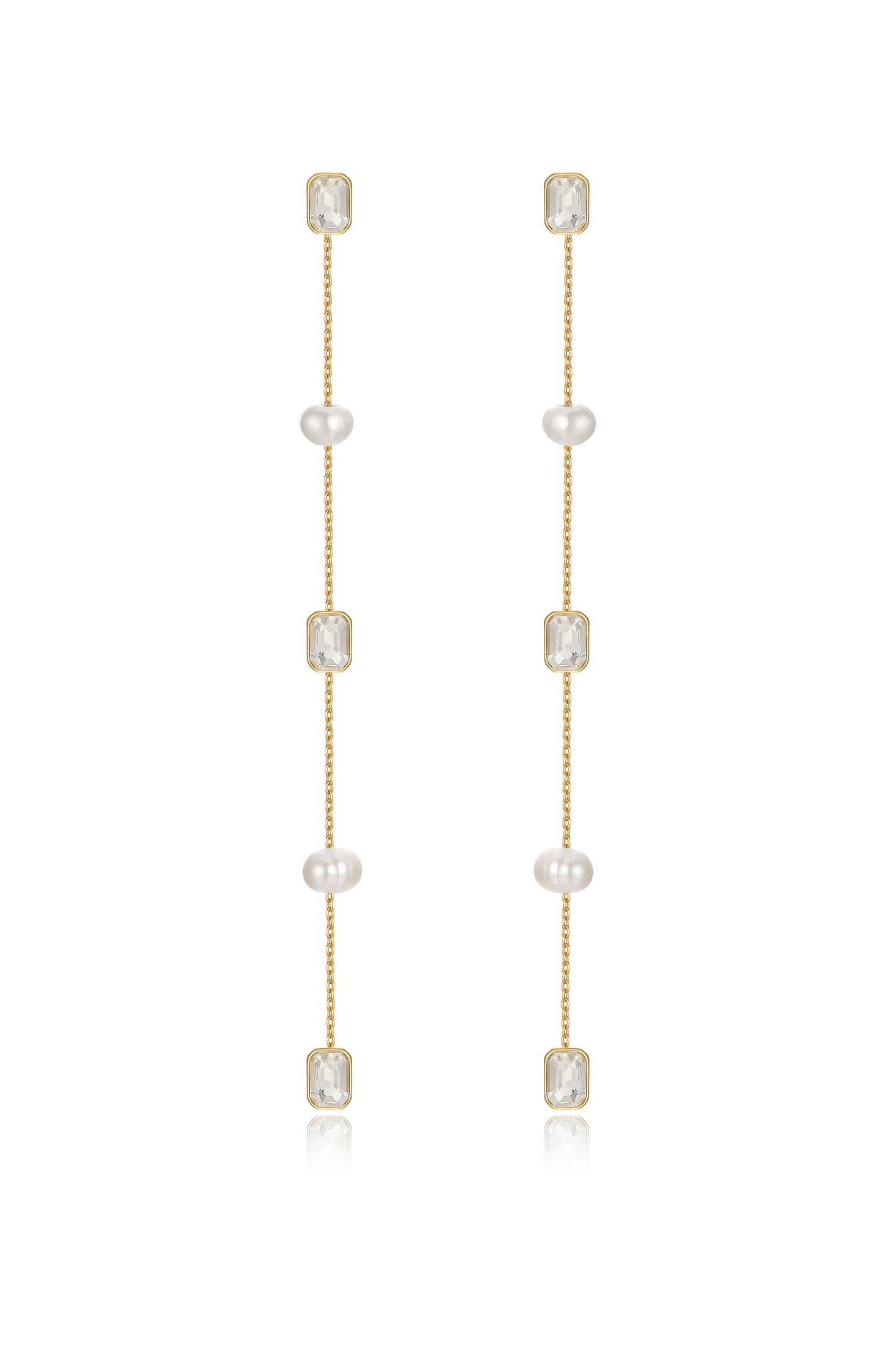 Pearl and Crystal Linear Drop Earrings on white