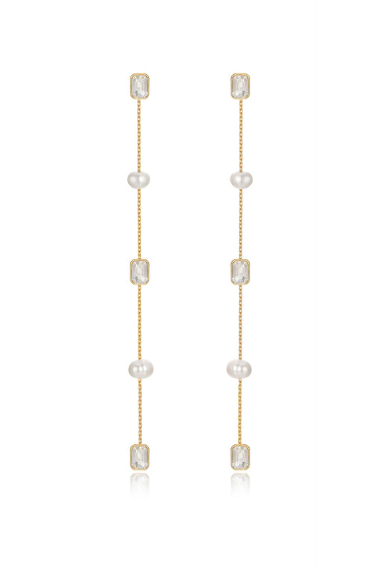 Pearl and Crystal Linear Drop Earrings on white