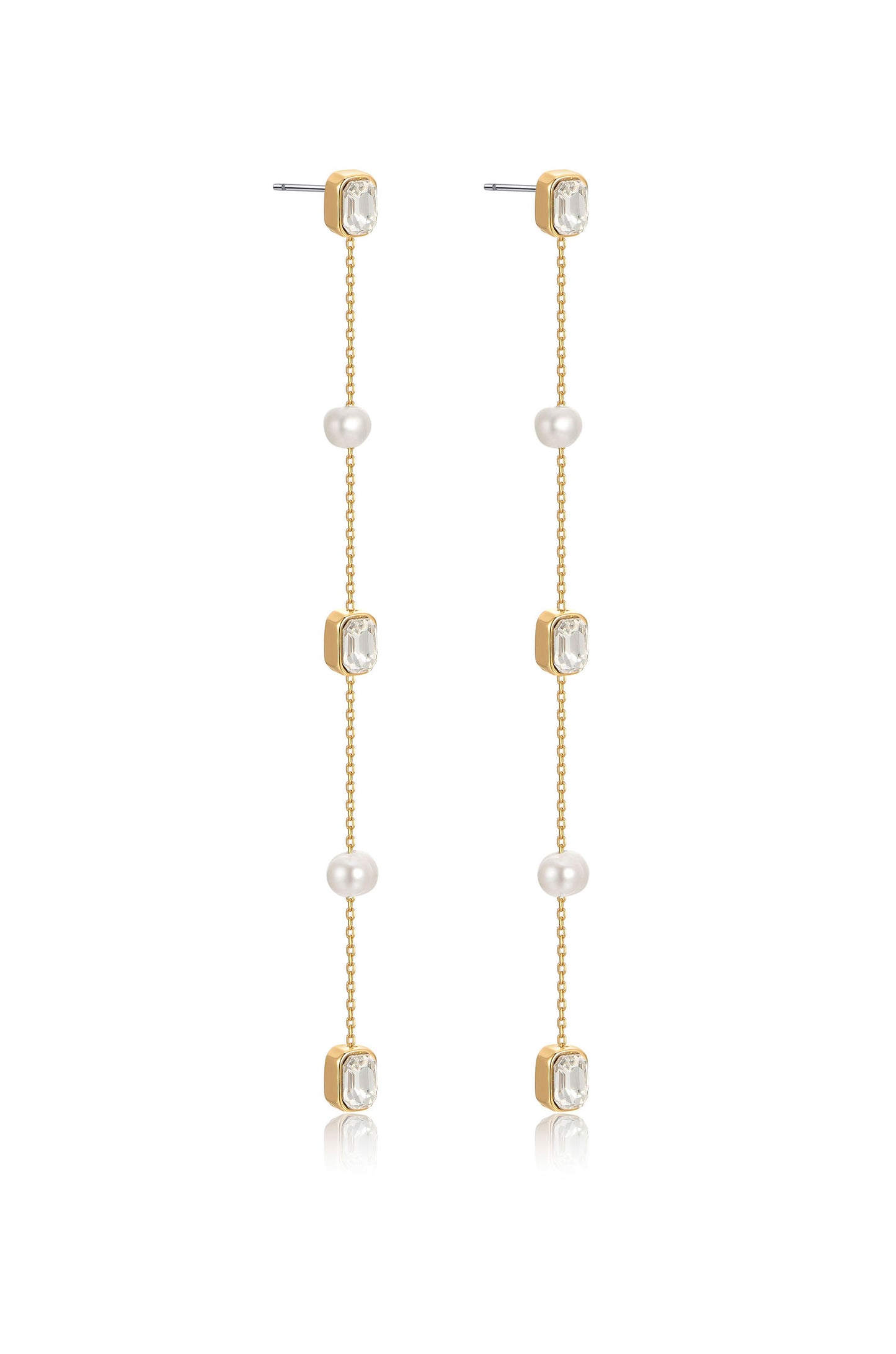 Pearl and Crystal Linear Drop Earrings on white side