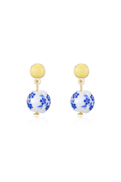 Indigo Floral 18k Gold Plated Drop Earrings on white