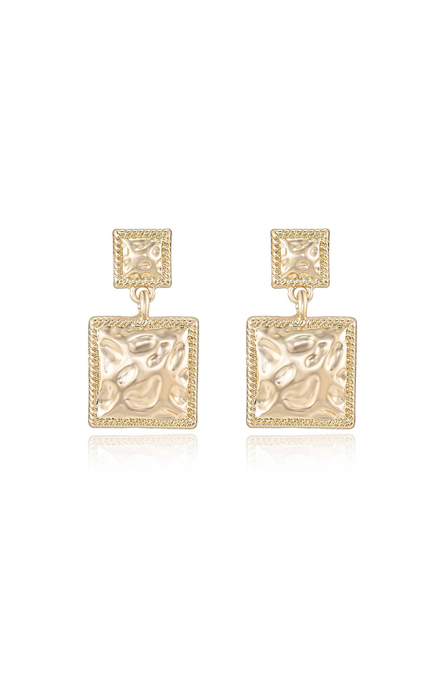 Repeated Square Dangle 18k Gold Plated Earrings on white front