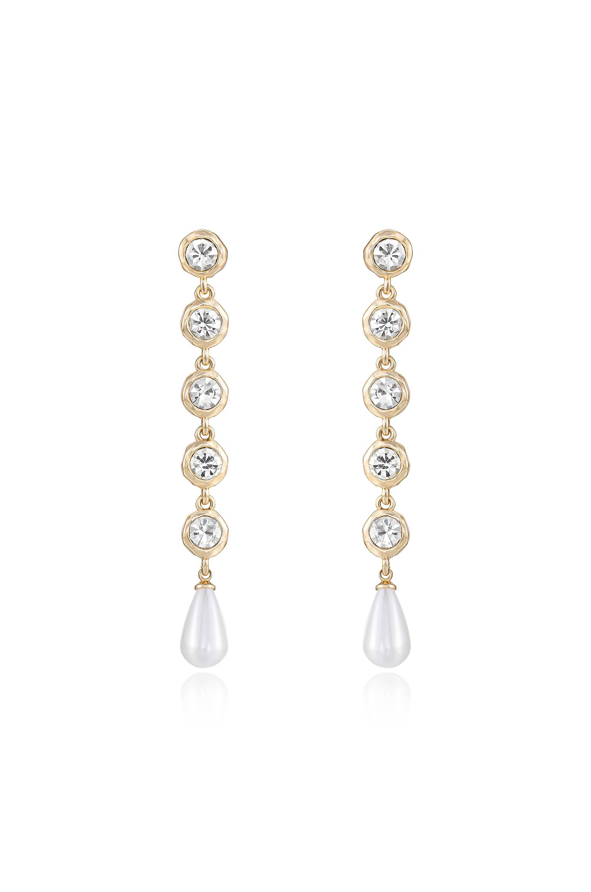 Elegantly Modern Crystal and Pearl 18k Gold Plated Dangle Earrings on white
