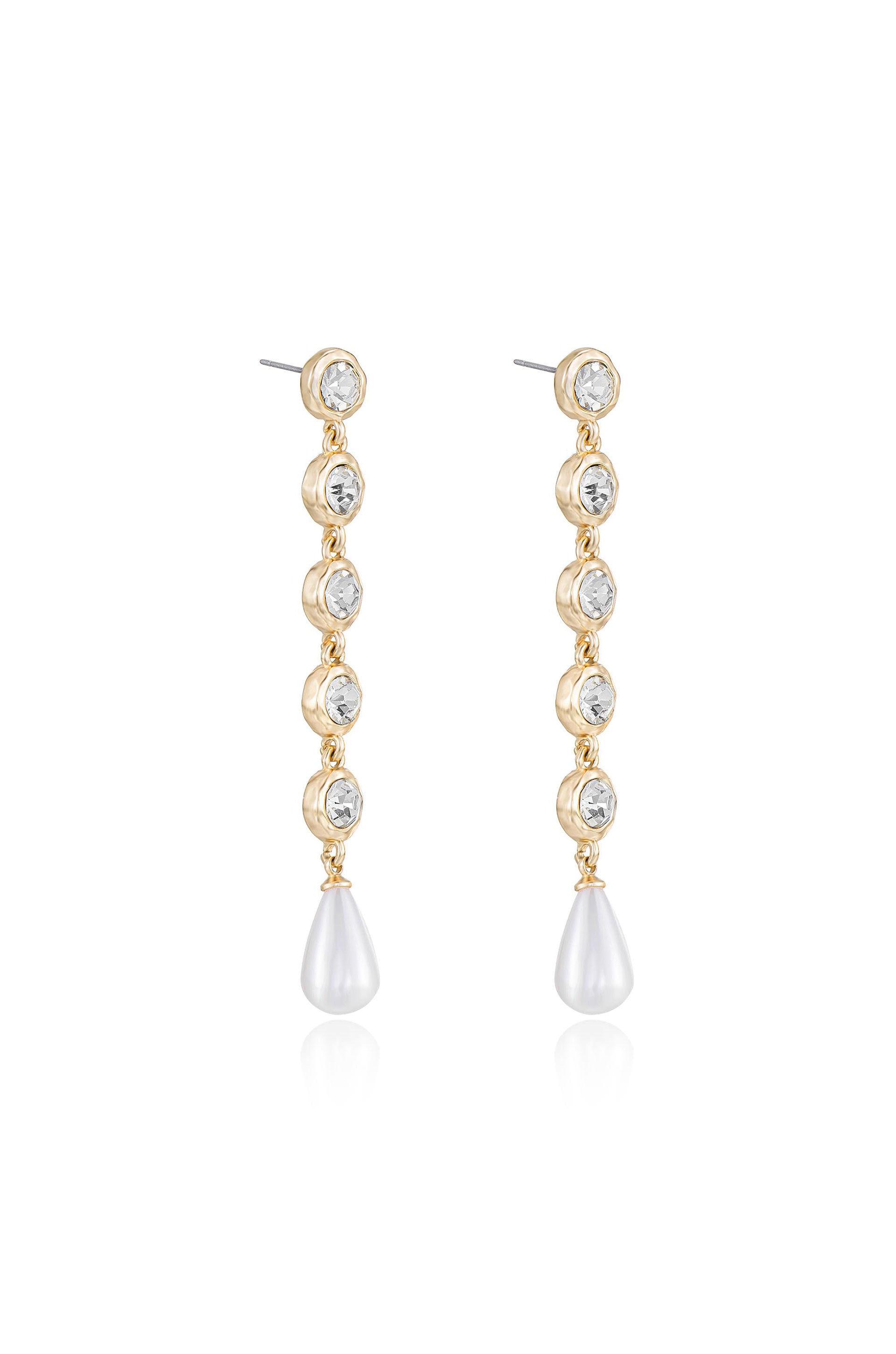 Elegantly Modern Crystal and Pearl 18k Gold Plated Dangle Earrings on white side view