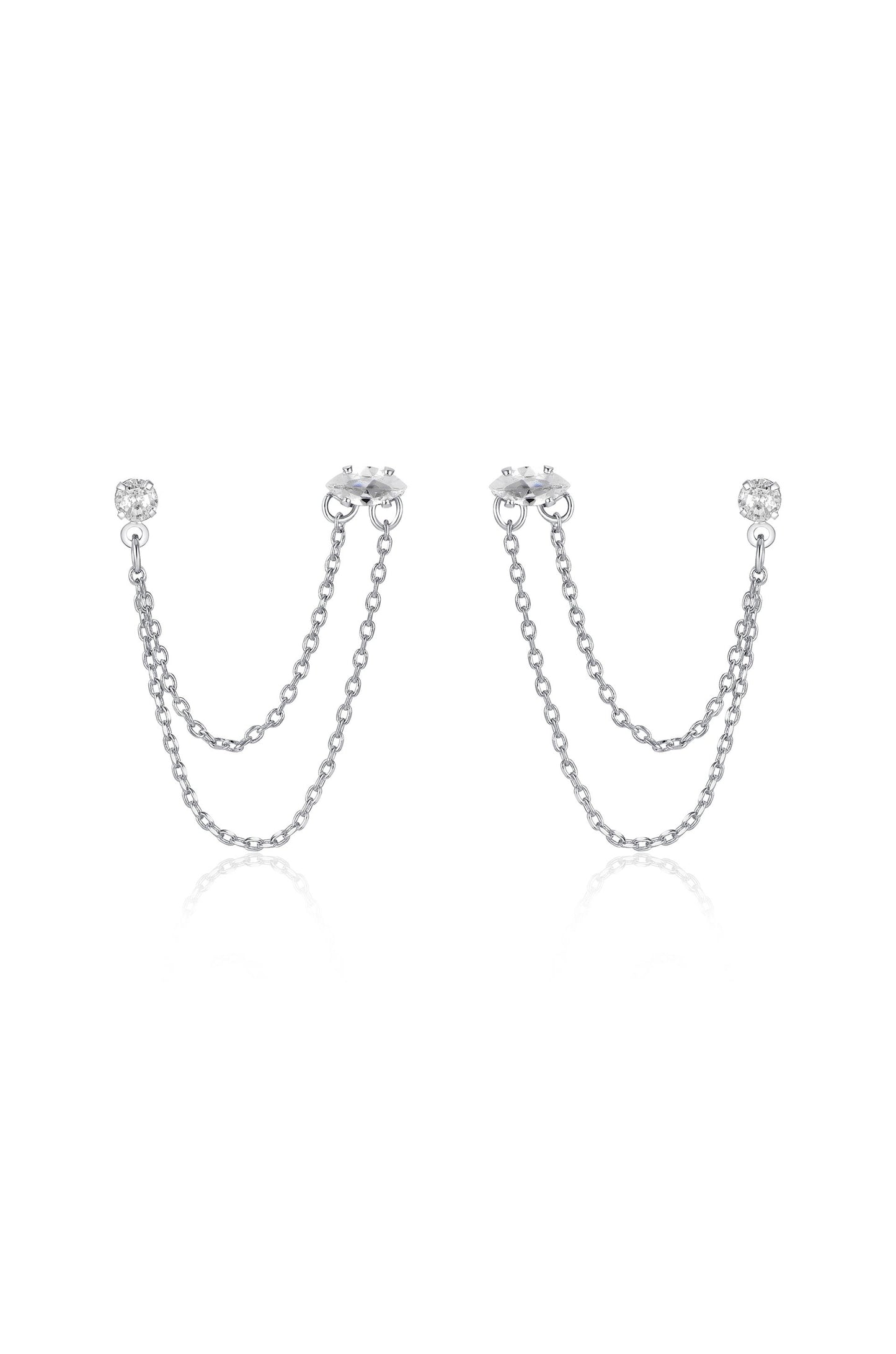Double Piercing Chain Dangle Earrings in rhodium front