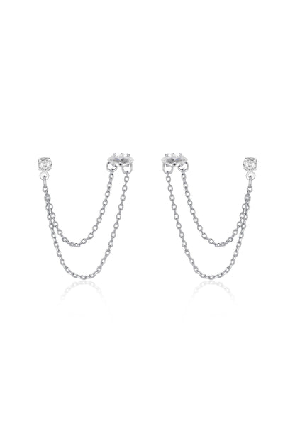 Double Piercing Chain Dangle Earrings in rhodium front
