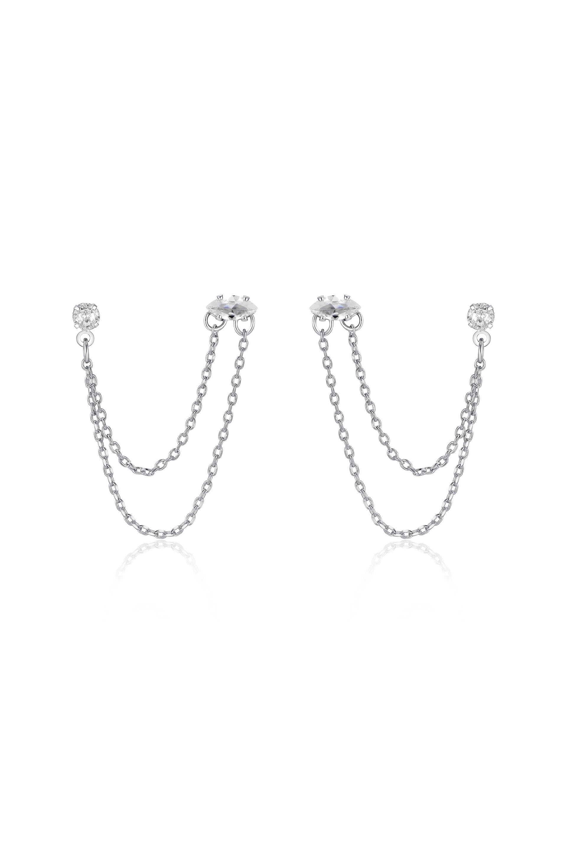 Double Piercing Chain Dangle Earrings in rhodium front
