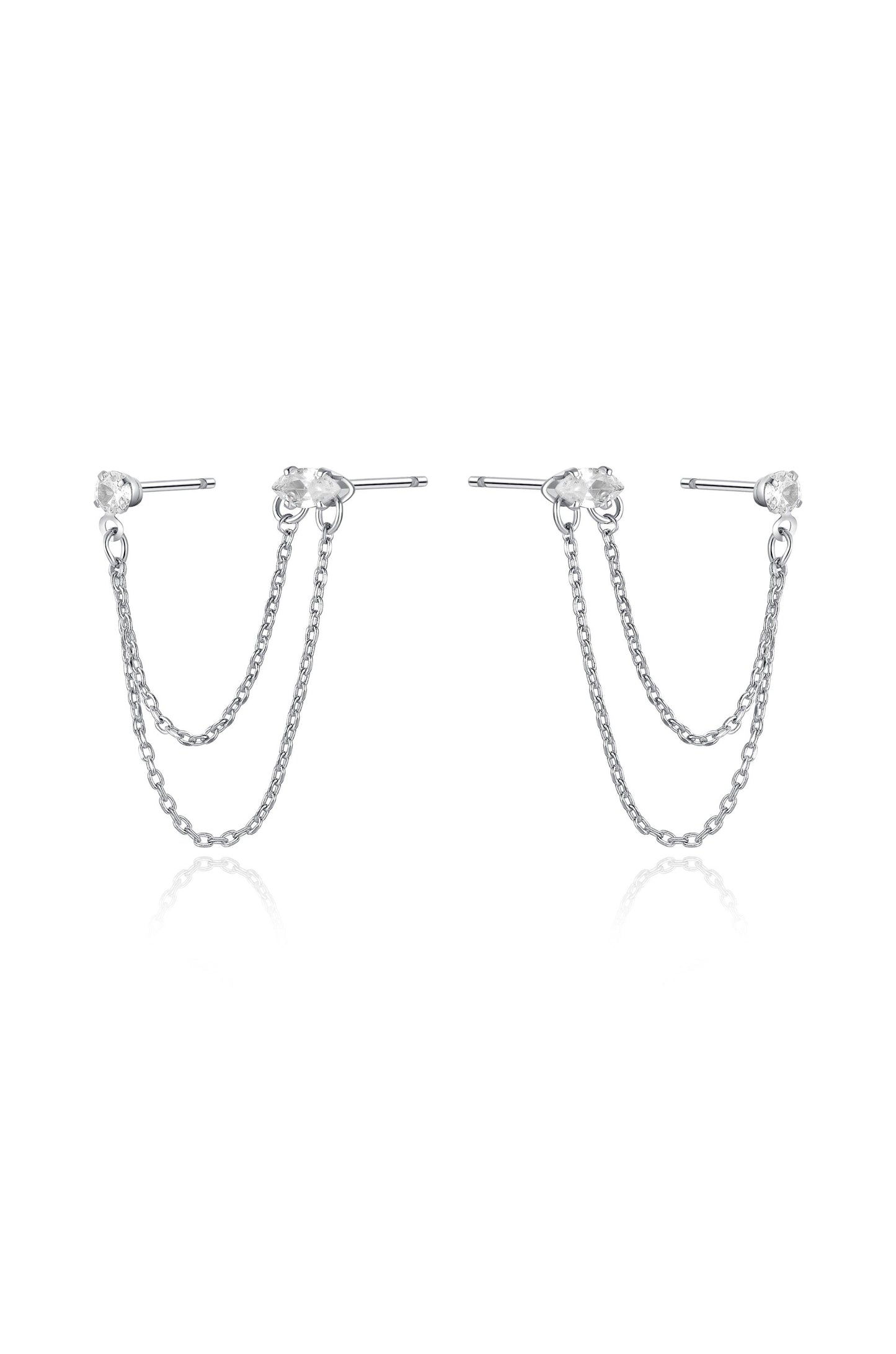 Double Piercing Chain Dangle Earrings in rhodium side