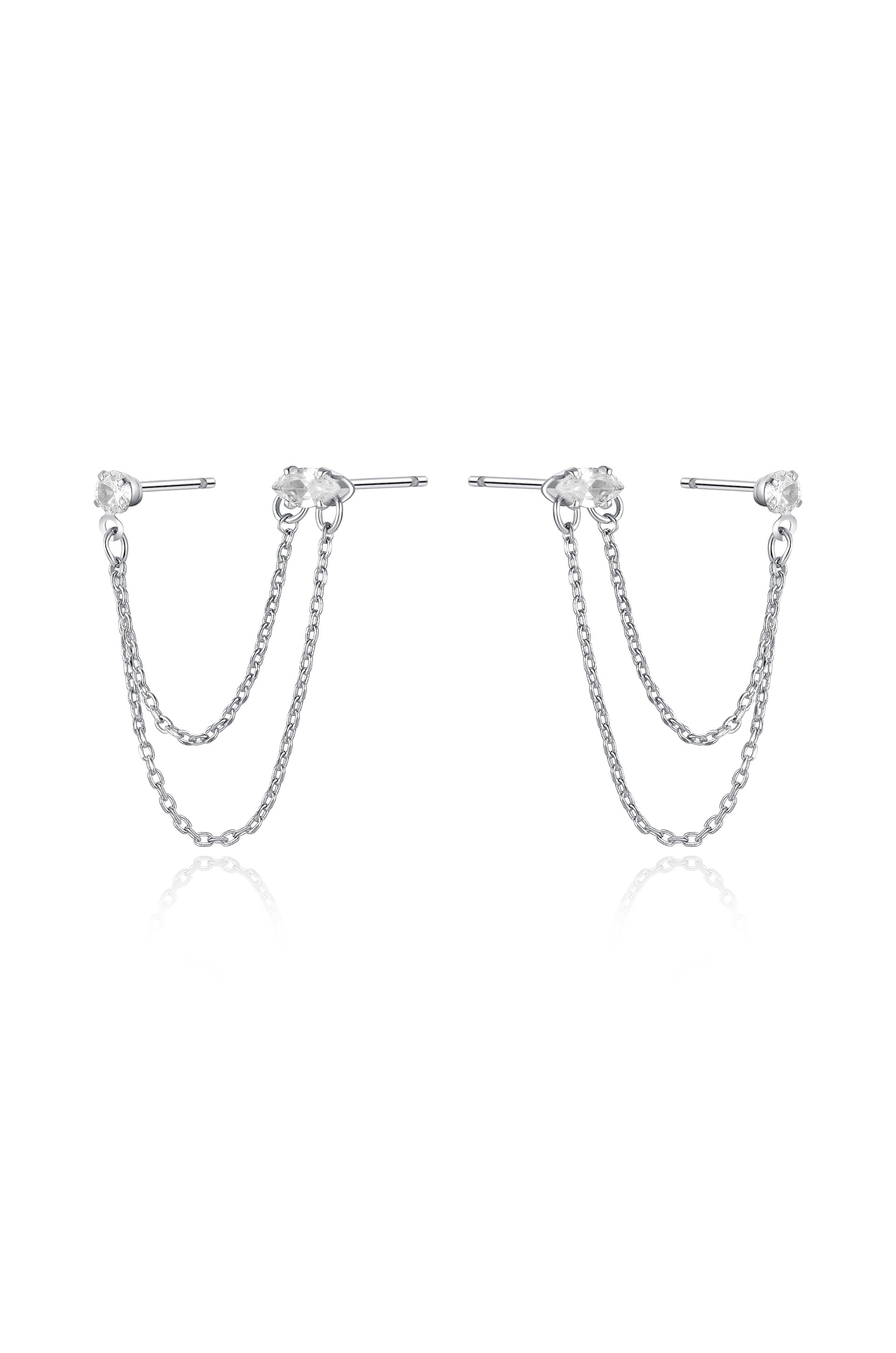 Double Piercing Chain Dangle Earrings in rhodium side