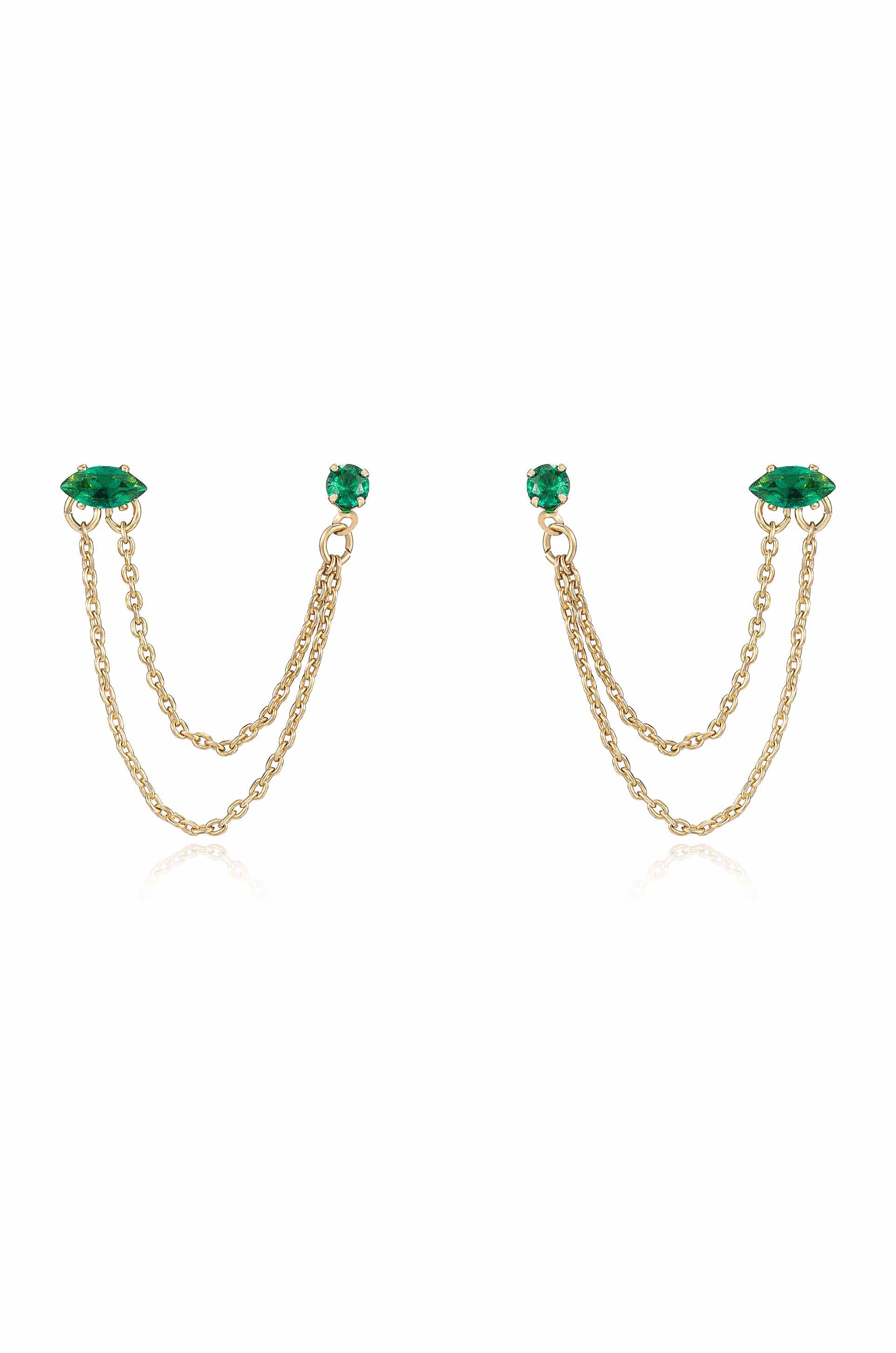 Double Piercing Chain Dangle Earrings in emerald front