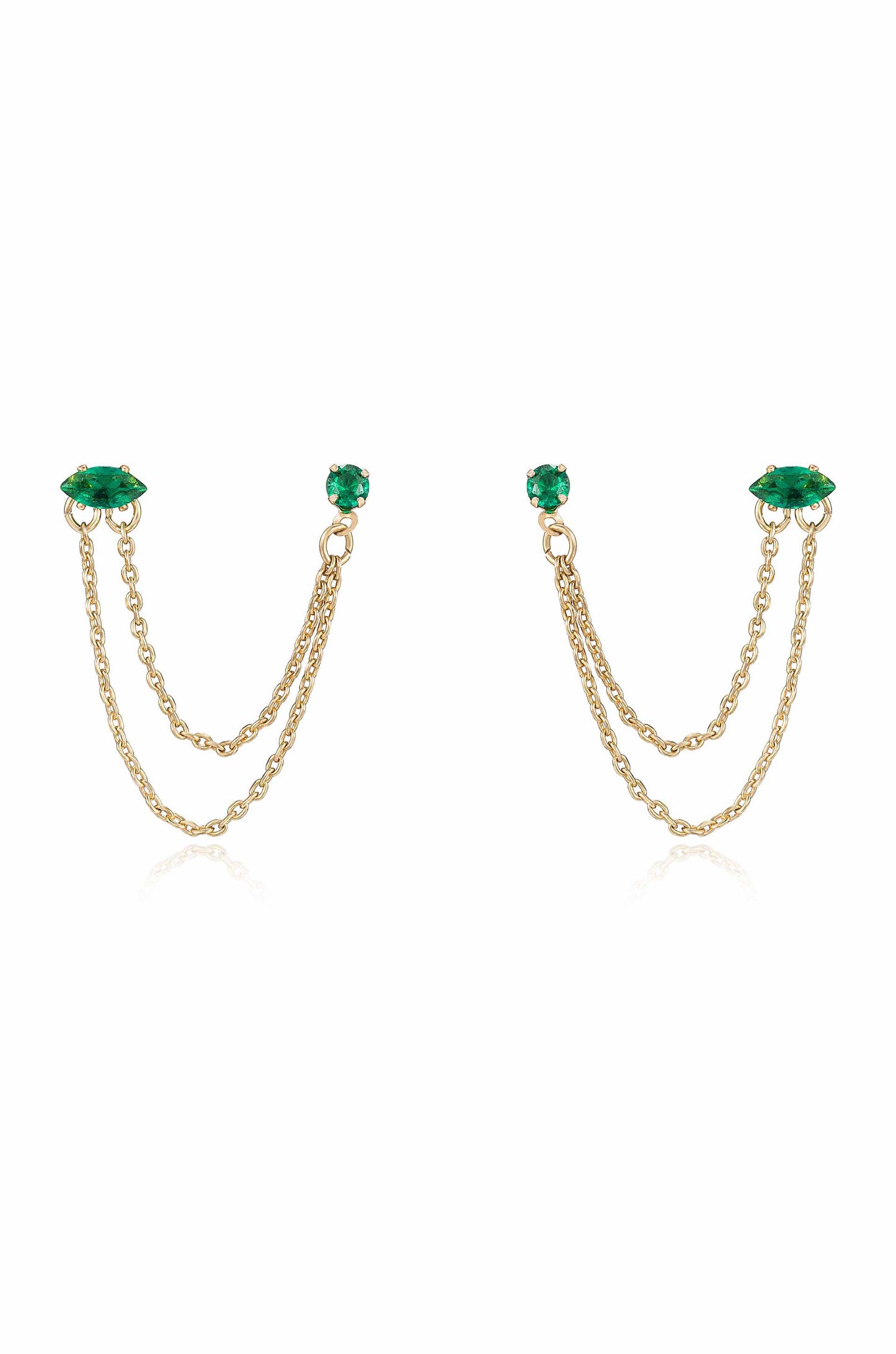 Double Piercing Chain Dangle Earrings in emerald front
