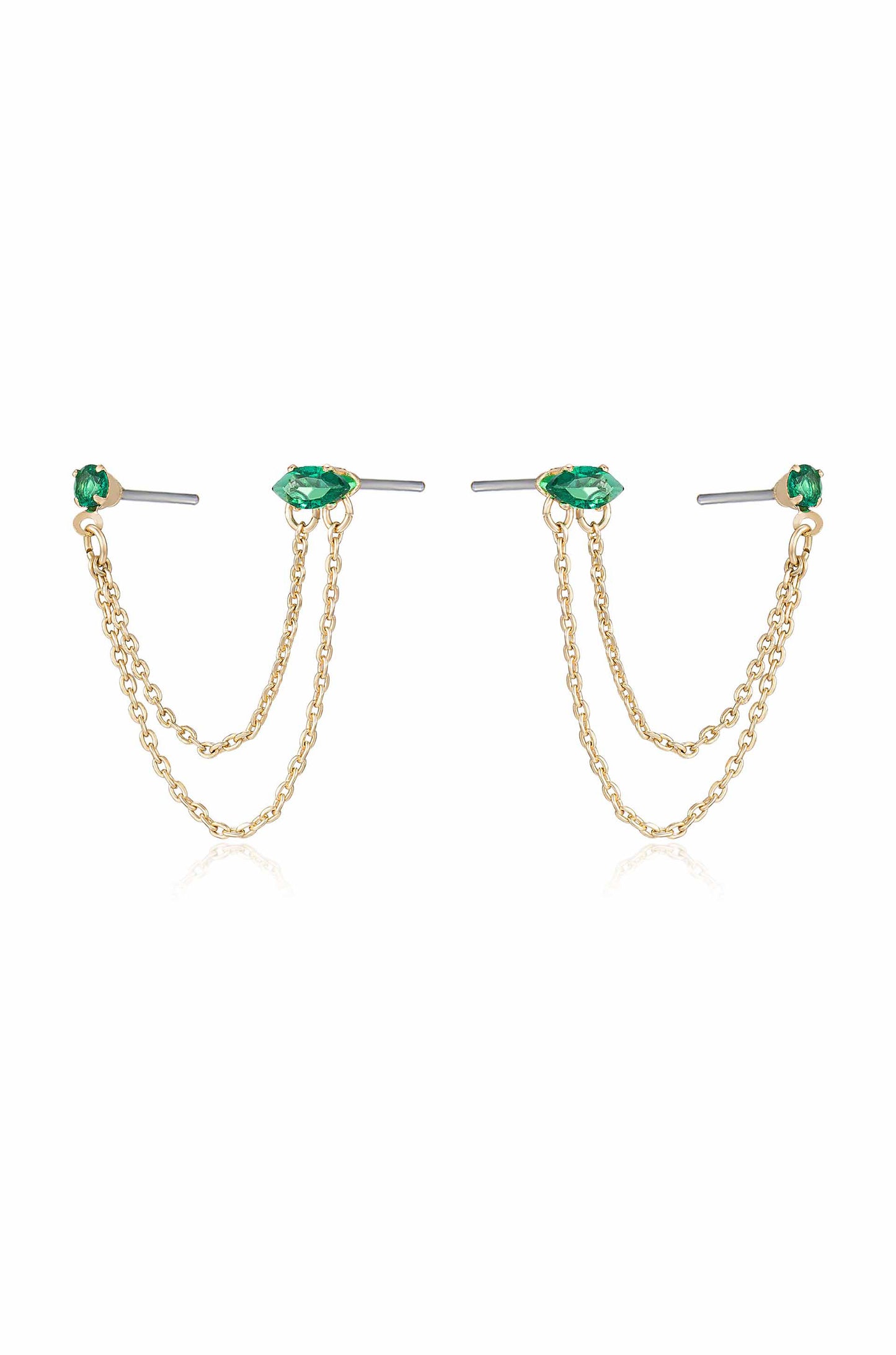 Double Piercing Chain Dangle Earrings in emerald side