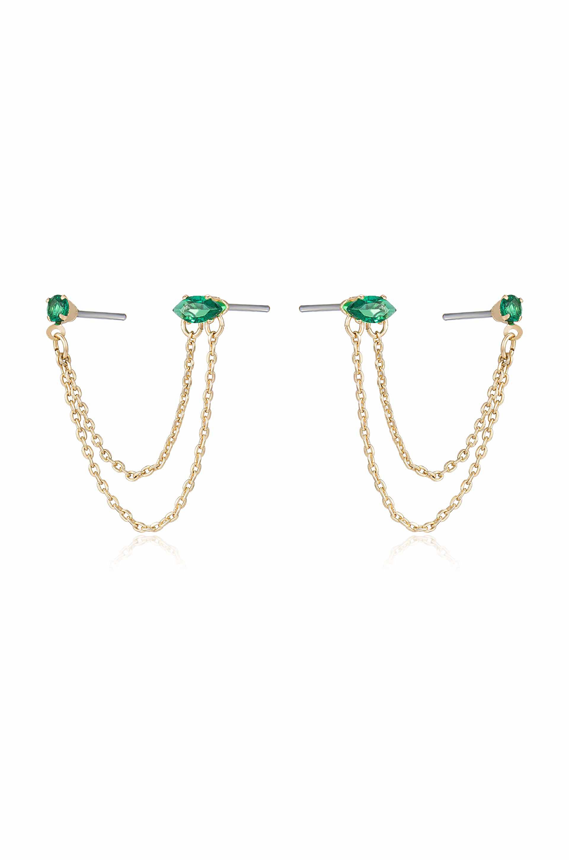 Double Piercing Chain Dangle Earrings in emerald side