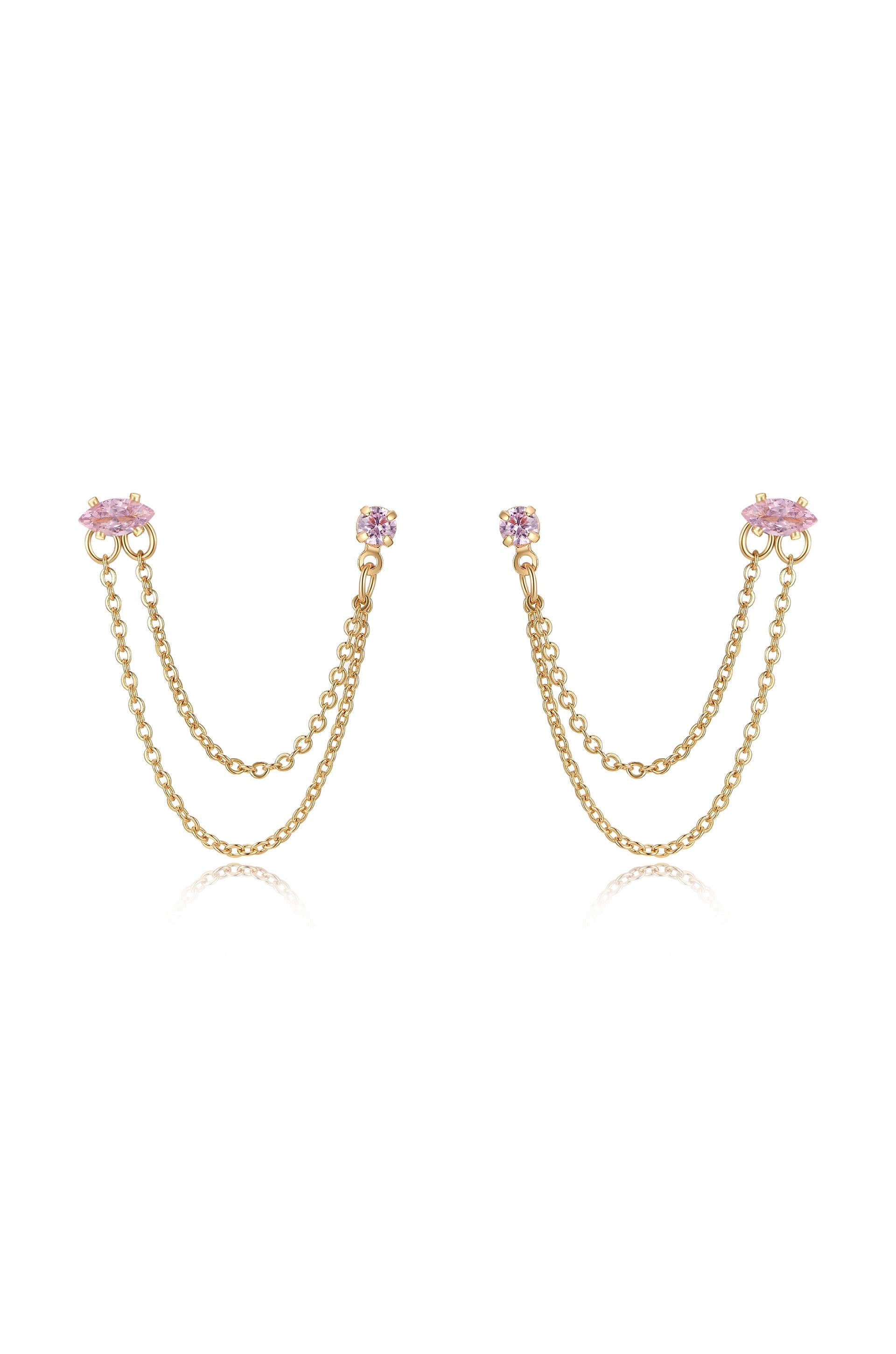 Double Piercing Chain Dangle Earrings in light pink front