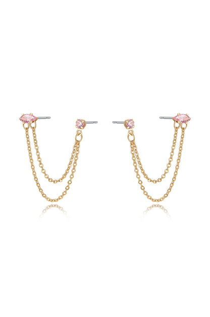 Double Piercing Chain Dangle Earrings in light pink side