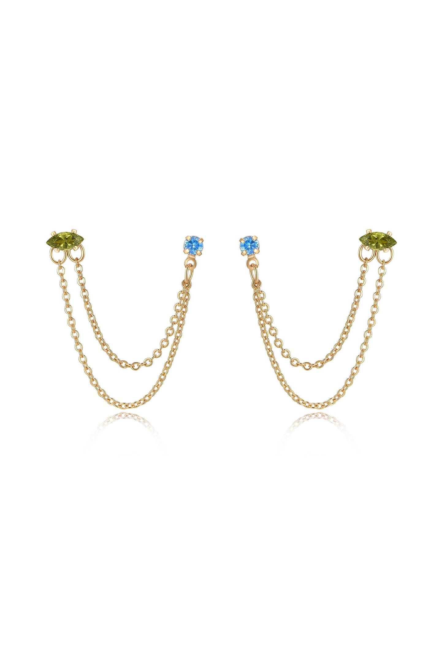 Double Piercing Chain Dangle Earrings in saphire and peridot front