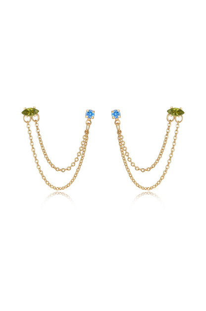 Double Piercing Chain Dangle Earrings in saphire and peridot front